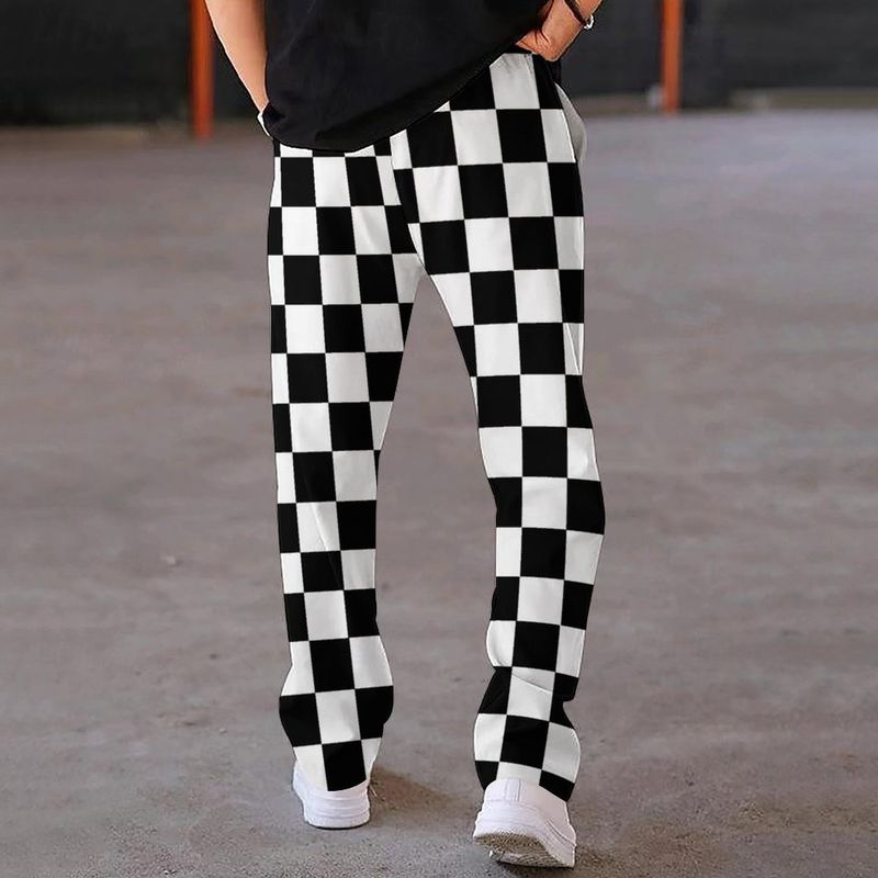 Pantalones rectos holgados con cordón y estampado a cuadros para hombre, moda informal, 2024_voghion.com