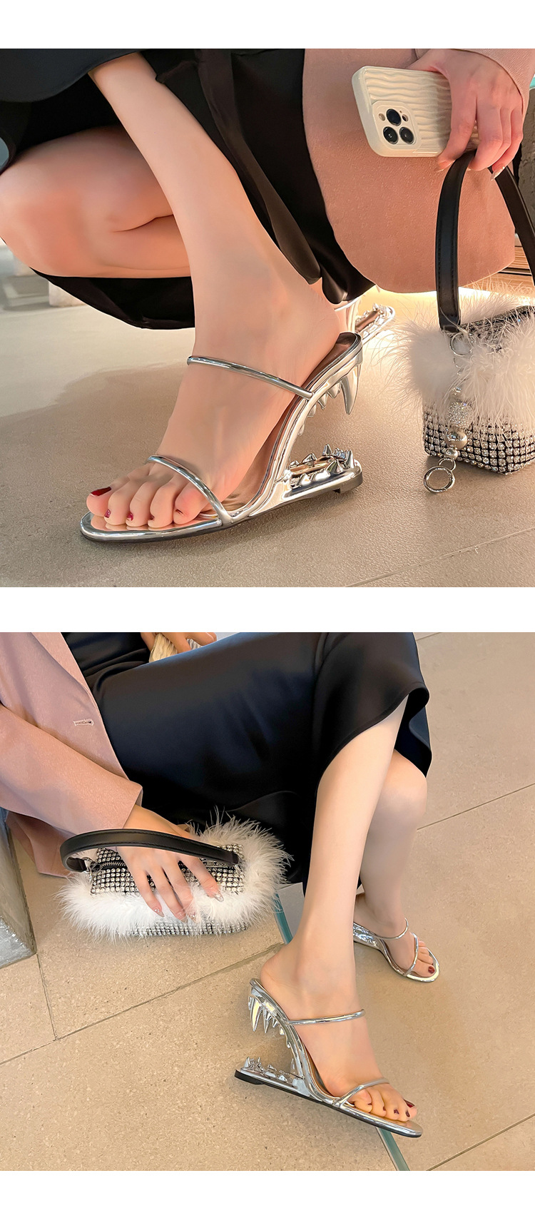 Die neueste Internet-Berühmtheit des Frühjahrs 2024 mit neuen Zähnen und unregelmäßigen Absätzen, High-Heel-Hausschuhen für Damen, Show-Stil_voghion.com