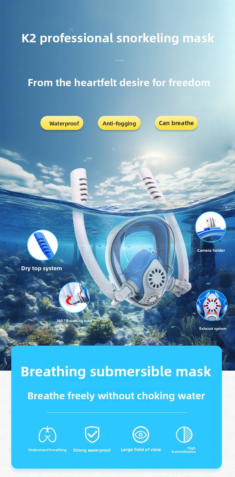 Maschera subacquea antiappannamento per adulti, completamente asciutta, per lo snorkeling, Ultra HD, impermeabile, con doppio boccaglio_voghion.com