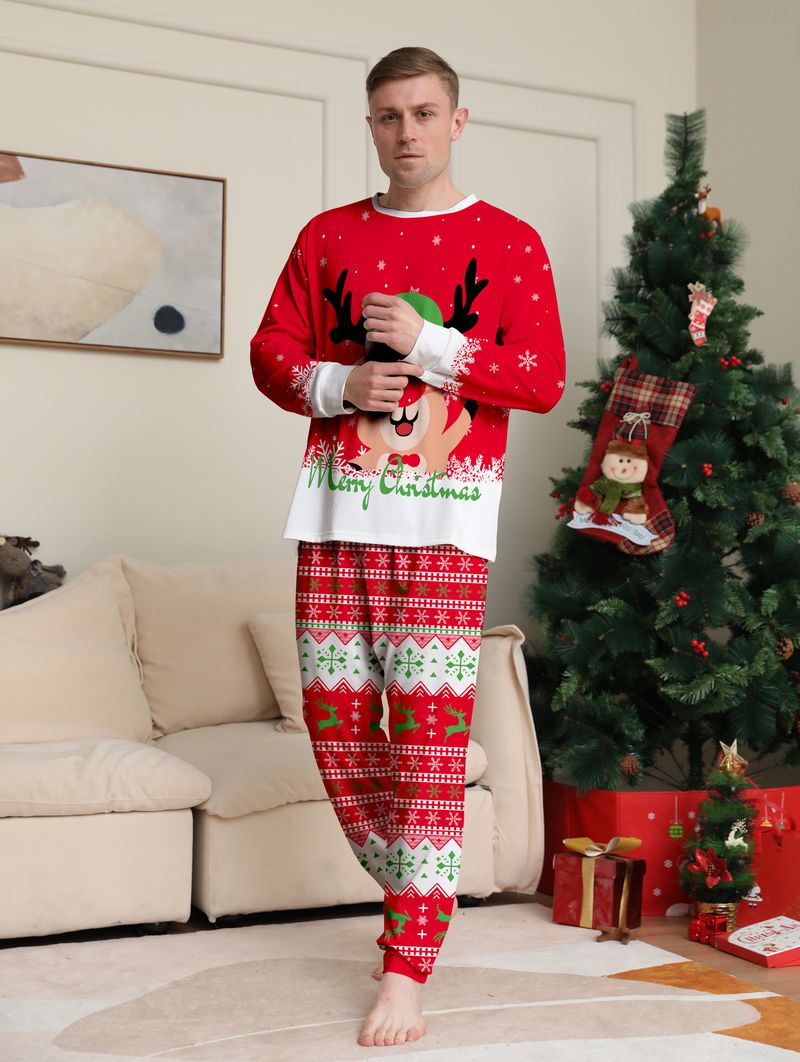 Christmas Red Parent Child Outfit Independent Station New Fat Deer Head Cartoon Suit Holiday Pajamas Home Clothes_voghion.com