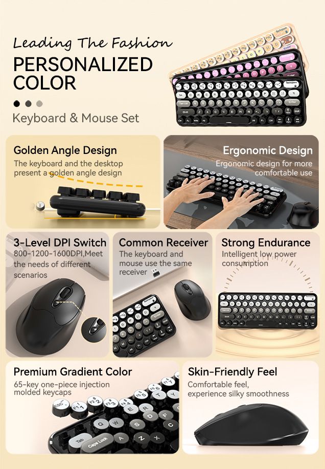 Girls Office Three-Mode Wireless Bluetooth Mouse Set Gradient Color Computer Laptop Membrane Mechanical Keyboard_voghion.com