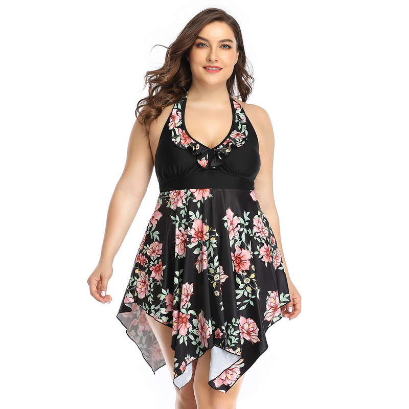 Women's Clothing Plus Size Plus Skirt Style Conservative Belly Covering Gathered Split Swimsuit_voghion.com
