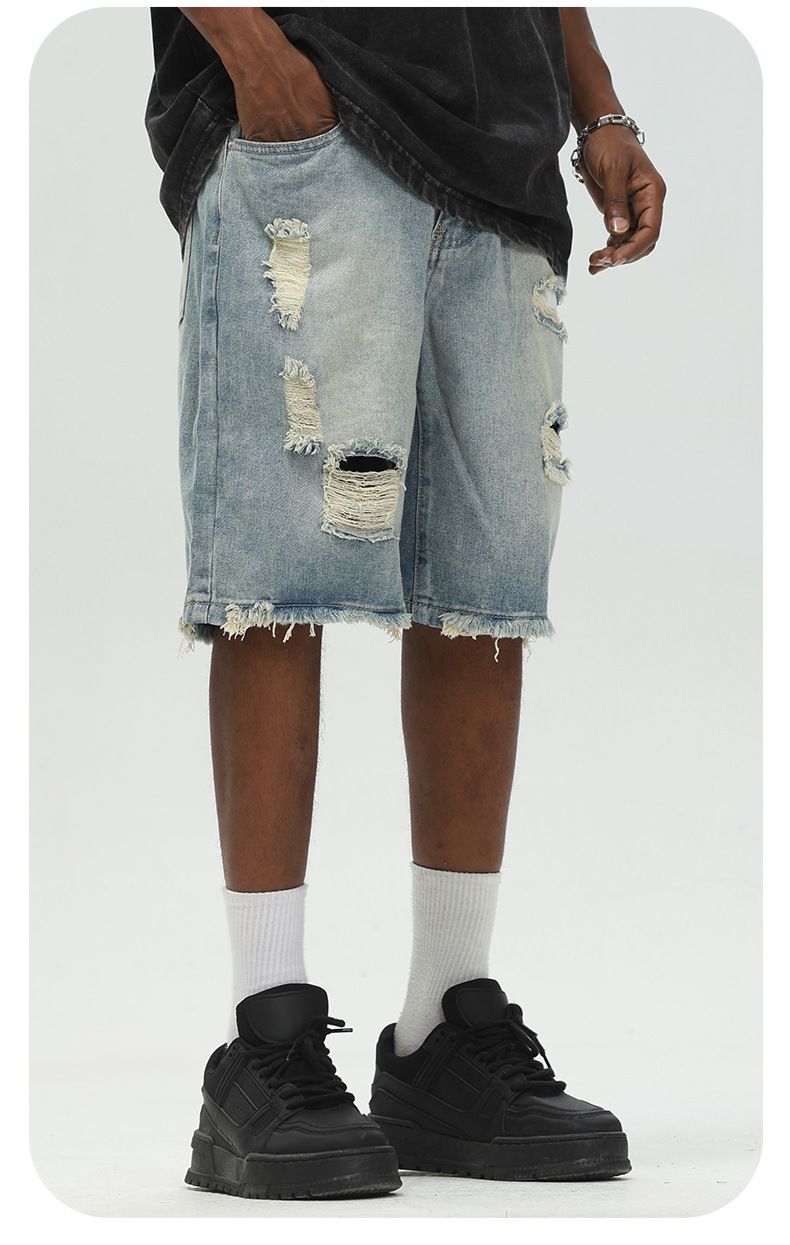 Îmbrăcăminte pentru bărbați Pantaloni scurți din denim rupti de culoare deschisă Pantaloni casual din denim în cinci puncte, spălat, în stil nou, de vară_voghion.com