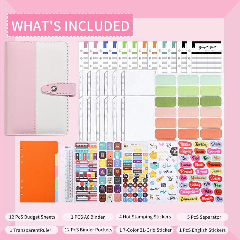 Pasta A6 de couro sintético premium com bolso com zíper - Caderno recarregável na cor Macaron para orçamento, registro em diário e anotações_voghion.com