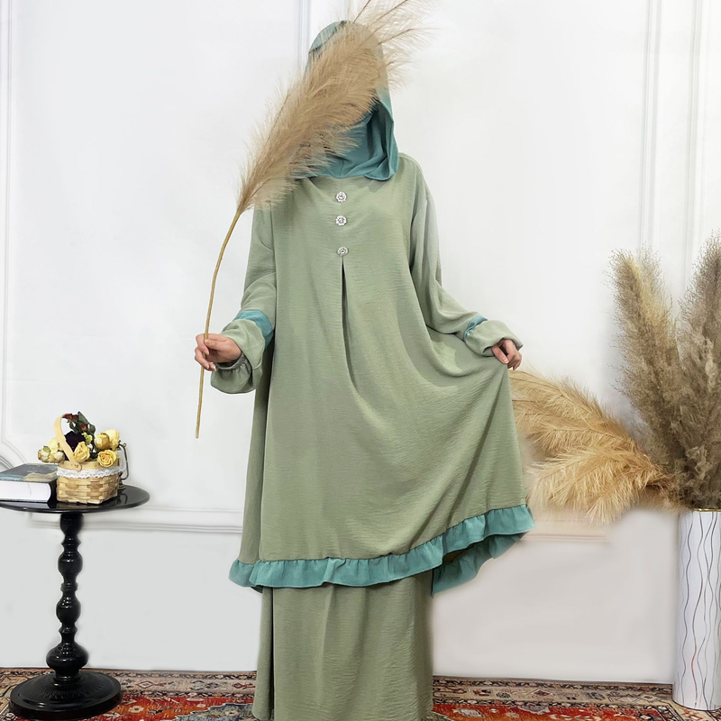 Women's Clothing Solid Color Ruffled Burkha Two Piece Set_voghion.com