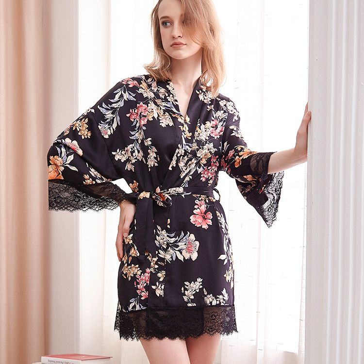 Spring And Autumn Women's Home Clothes Nightdress Silk Pajamas Printed Bathrobe_voghion.com