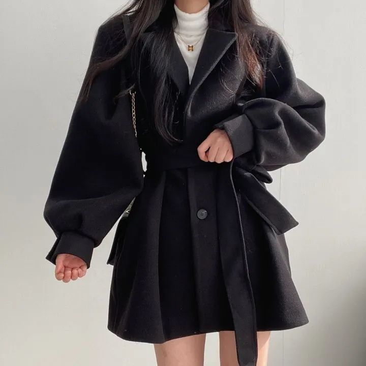 Women's Chic Oversized Wool Coat With Notched Lapel - Mid-Length Trench Coat For Petite & Tall - Fall Winter Fashion Blazer Jacket In Black & Beige_voghion.com