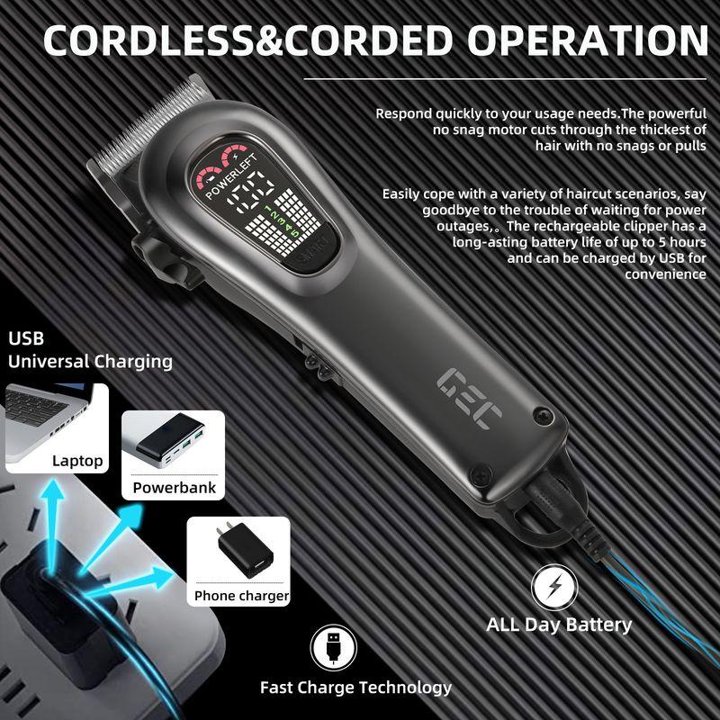Tondeuse à cheveux avec écran LED - Réglage de la puissance à cinq vitesses et tondeuse électrique frontale_voghion.com