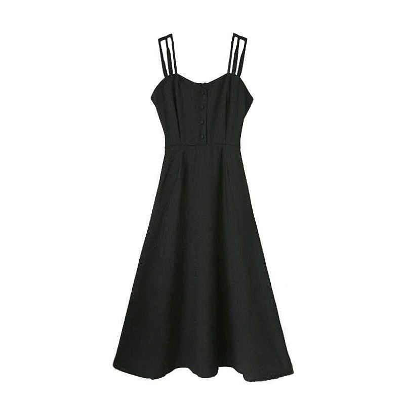 Abito lungo con cintura in vita e lunghezza al ginocchio, stile Little Black French Tea Break Platycodon, da donna, estate 2024_voghion.com