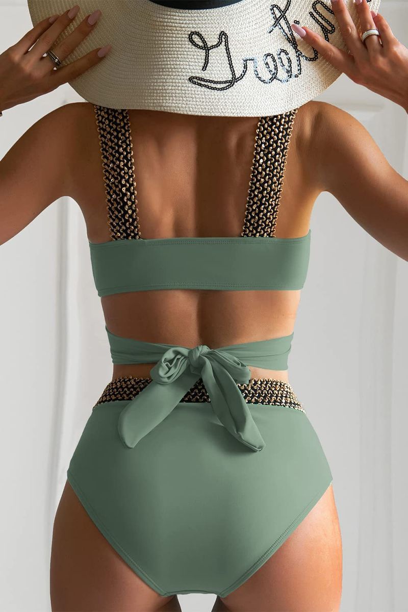 Damenbekleidung Hohe Taille Bauchbedeckender Gold Elastischer Split Bikini Badeanzug Damen_voghion.com