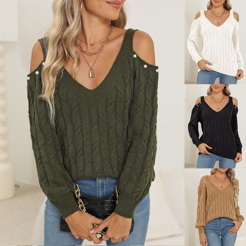 Maglione lavorato a maglia da donna, autunno inverno, con scollo a V profondo, sexy e largo, con spalle scoperte, 67201_voghion.com