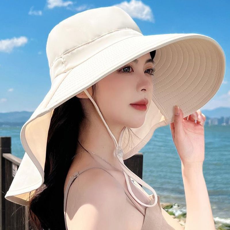 Nuovi arrivi estate donne all'aperto grande tesa cappello da sole coreano collo protezione UV parasole cappelli tinta unita coda di cavallo scialle berretto da pescatore_voghion.com