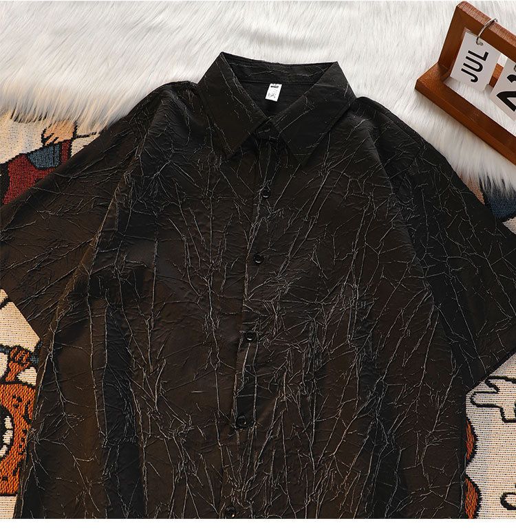 Herrenbekleidung Herren Plissee-Kurzarmhemd aus Eisseide, Sommer, dünn, cool, trendig, hübsches Design, lässig, Anzughemd, Jacke_voghion.com