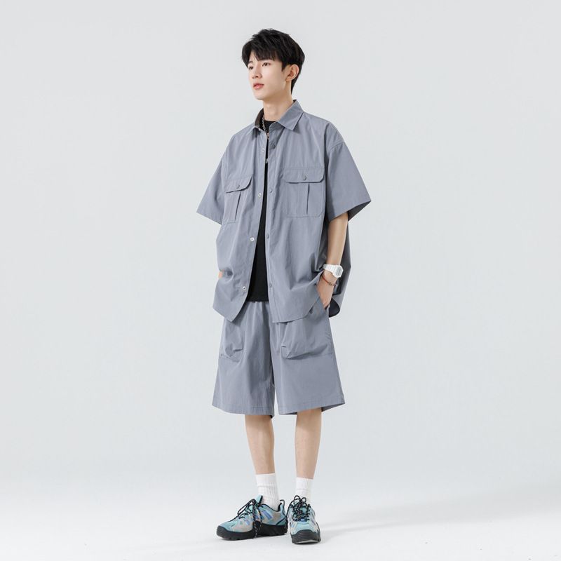 CT Thin Work Short Sleeve Trendy Plus Size Casual Five-Point Pants Shirt Summer Set Men_voghion.com