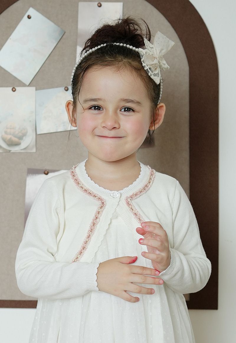 Cardigan élégant en tricot d'inspiration victorienne pour mère et enfant, avec bordure en dentelle, léger et doux, en mélange de coton (blanc-rose/blanc-noir/violet-rose)_voghion.com