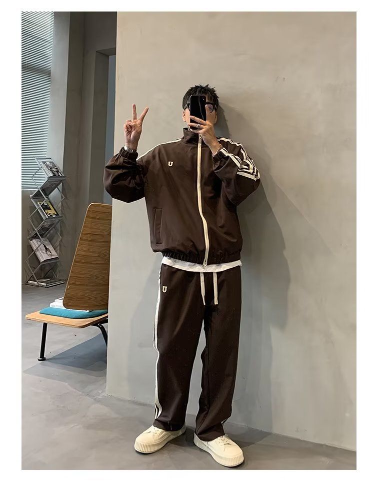 Herren-Set aus Kapuzenpullover und Jogginghose im Hong Kong-Stil mit überschnittenen Schultern – Übergroße Streetwear-Loungewear (Schwarz/Marineblau/Braun, M-3XL)_voghion.com