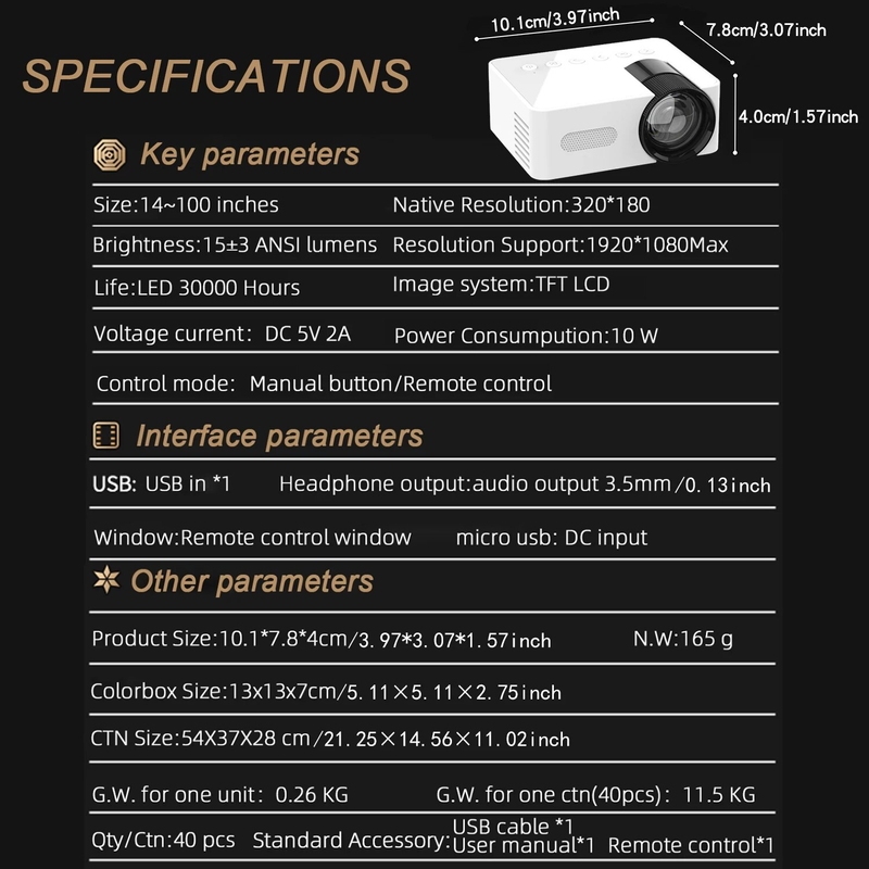 YT100 Wireless Mobile Phone Mini Full HD Video Projector, Portable Outdoor Indoor Projector_voghion.com