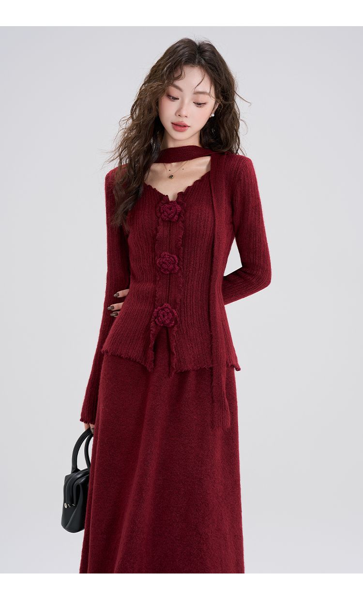 Conjunto de saia e blusa de malha vermelha com fita, estilo novo, elegante, outono e inverno, para mulheres_voghion.com