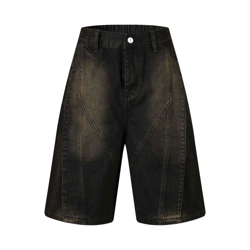 Herrenbekleidung, gewaschene Distressed-Patchwork-Jeansshorts für Männer und Frauen, gleicher Stil, trendige Marke, lockere Shorts mit weitem Bein und geradem Bein_voghion.com