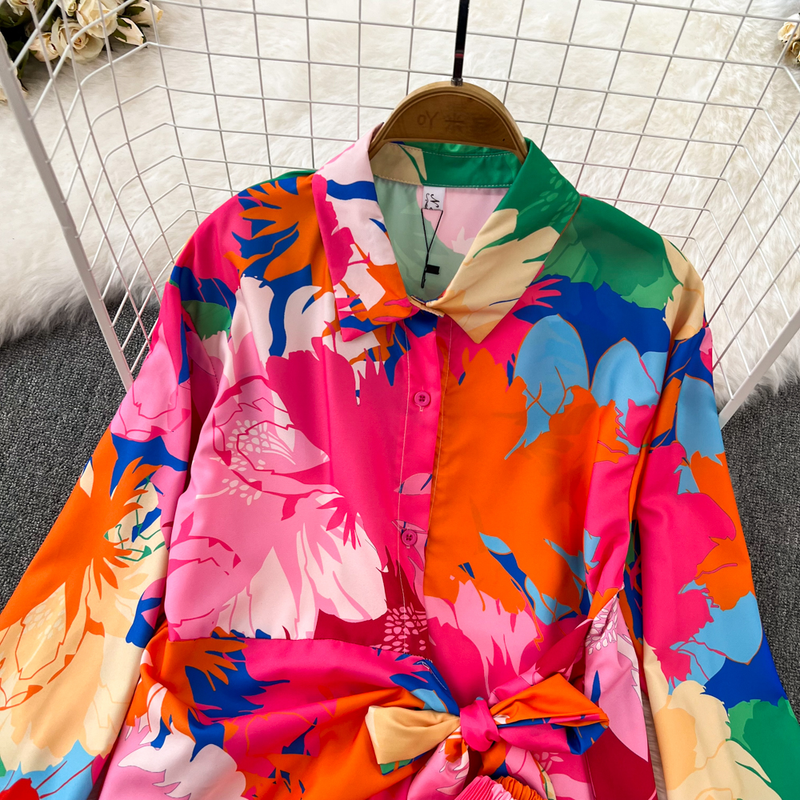 Modesæt til kvinder afslappet løs langærmet enkeltradet skjorte i to dele sæt højtaljede slankende tie-dye printede brede ben bukser_voghion.com