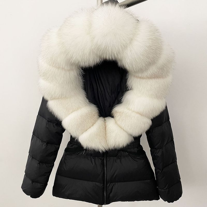 Nuovo stile caldo del commercio estero, giacca corta da donna con collo in vera pelliccia di volpe, giacca in piumino con vita sottile e spessa_voghion.com