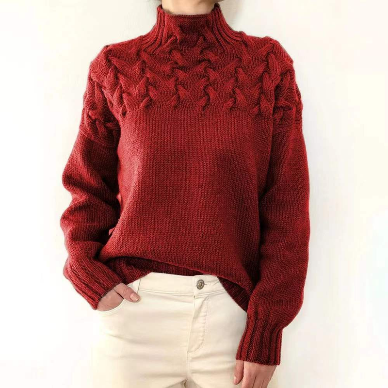 Women's casual long-sleeved turtleneck solid color sweater pullover_voghion.com