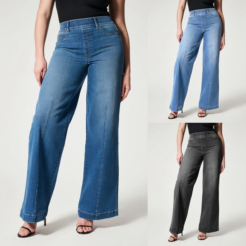 women's wide-leg mid-waist jeans high elastic elastic waist washed jeans for women_voghion.com