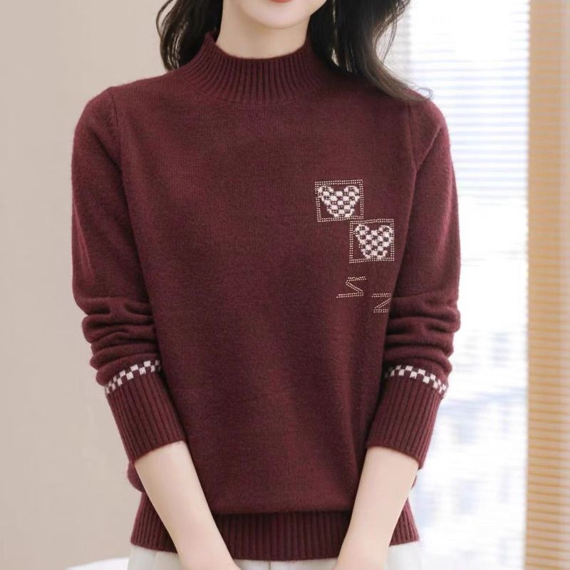 【Cashmir Family】 Halvhög hals, kort yllebas för medelålders kvinnor och mödrar, löst stickad tröja i innerlager_voghion.com