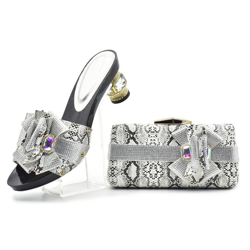 Scarpe con tacco alto da donna con decorazione a fiocco, pantofole con diamanti caldi, set di borse con motivo a serpente_voghion.com