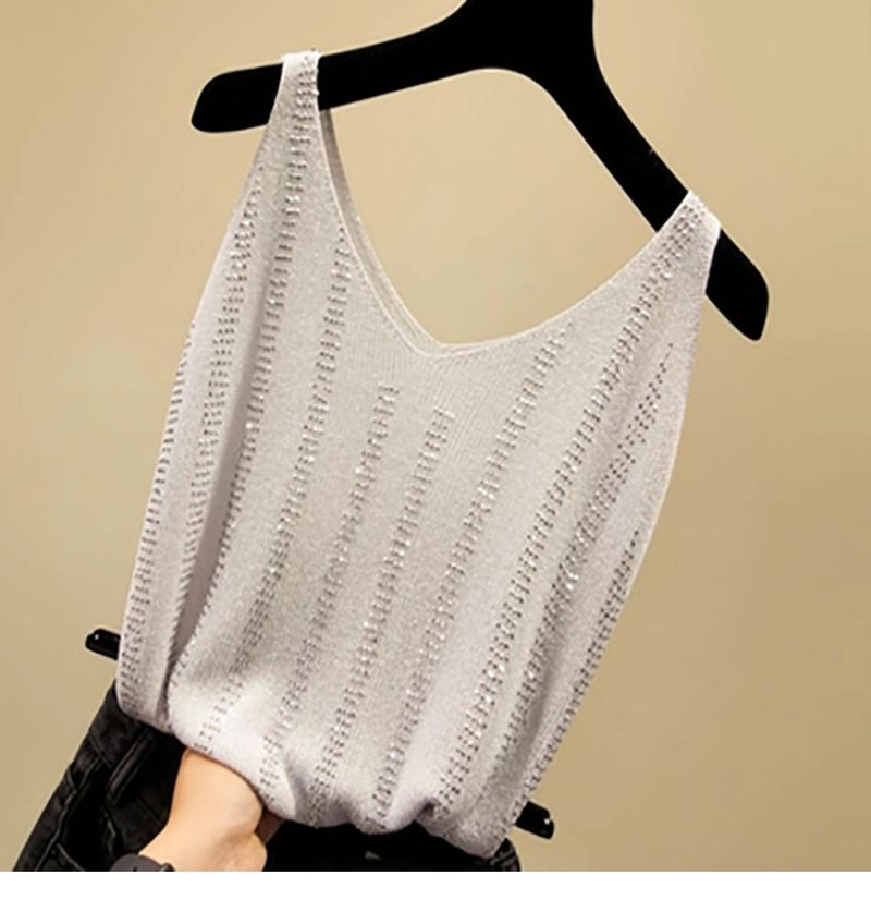 Damenbekleidung V-Ausschnitt Camisole Frühling Neuer Stil Hot Diamond Loose Suit Inner Top Ärmelloses Bottoming Shirt_voghion.com
