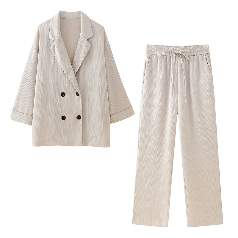 Roupas femininas estilo de rua com efeito amassado, blazer trespassado, calças com efeito amassado_voghion.com