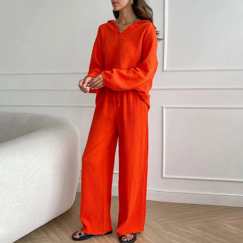 Top a maniche lunghe moda donna + pantaloni con coulisse set set in due pezzi con risvolto primaverile e autunnale_voghion.com