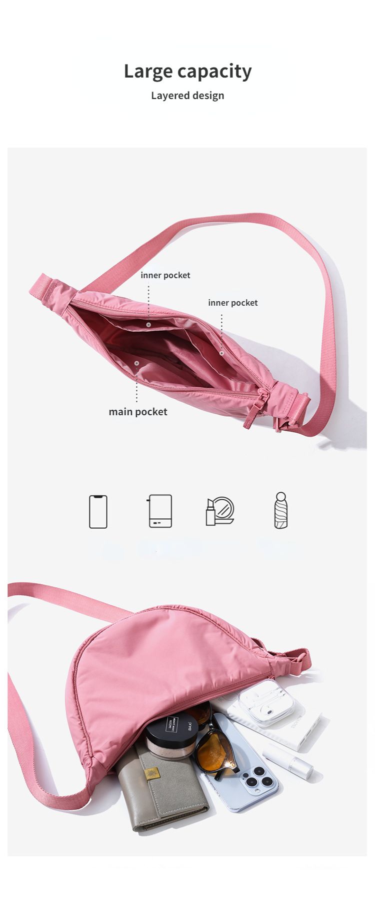 Borsa a tracolla portatile semplice da donna in nylon imbottito in tinta unita, borsa da viaggio_voghion.com