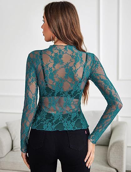 Top da donna, maniche lunghe, collo alto, camicia trasparente, top in pizzo floreale trasparente, hanno un vero colpo_voghion.com