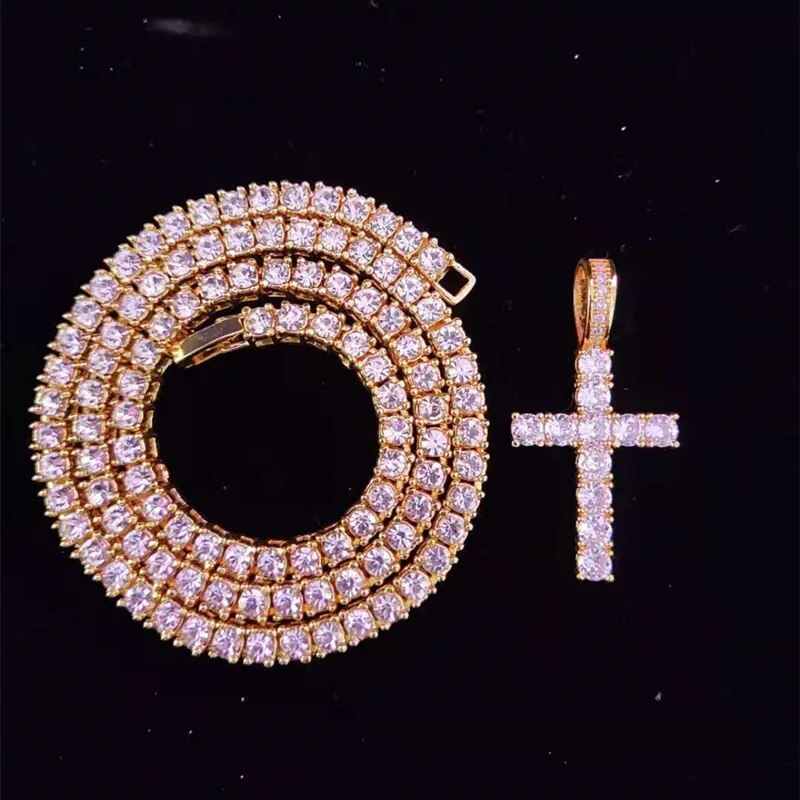 Colier cu pandantiv în cruce Hip Hop pentru bărbați, femei, cu lanț de tenis din zircon de 4 mm, coliere cu gheață, bijuterii hiphop la modă_voghion.com