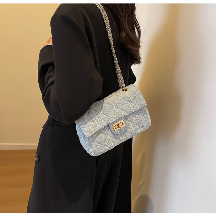 Borsa a tracolla casual in denim da donna con piccola borsa quadrata a tracolla con catena a reticolo di diamanti_voghion.com