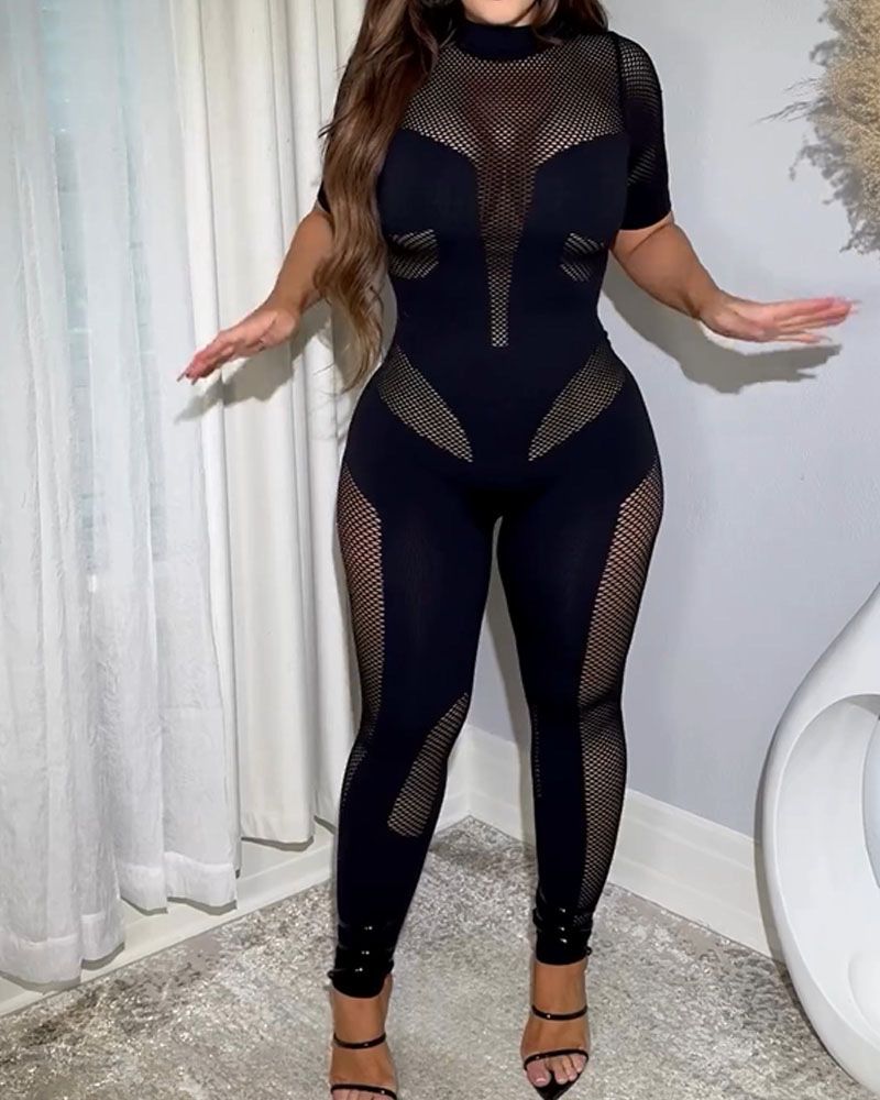 New Style With Hollowed Out Perspective Mesh And Sexy Jumpsuit_voghion.com