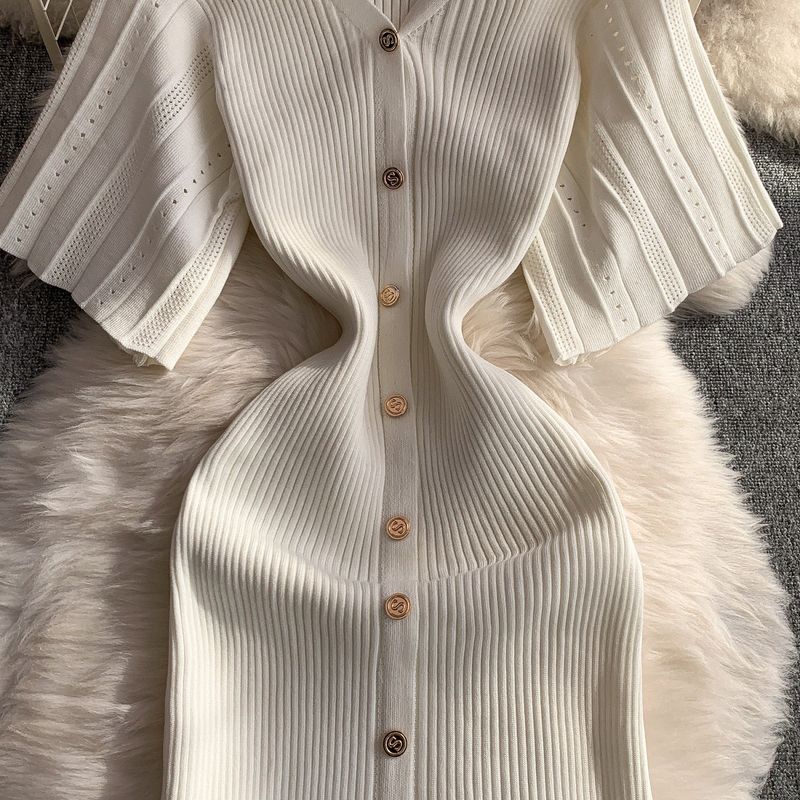 Women's Clothing Elegant V Neck Single Breasted Short Sleeved Dress Knitted Elastic Waist Hollow Fishtail Long Skirt_voghion.com
