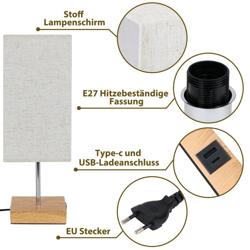 Glitzerlife Tischlampe Dimmbar Touch Nachttischlampe - USB Schreibtischlampe Mit Ladefunktion E27 Vintage Nachtlicht Mit Stoff Lampenschirm FürGeschenk_voghion.com