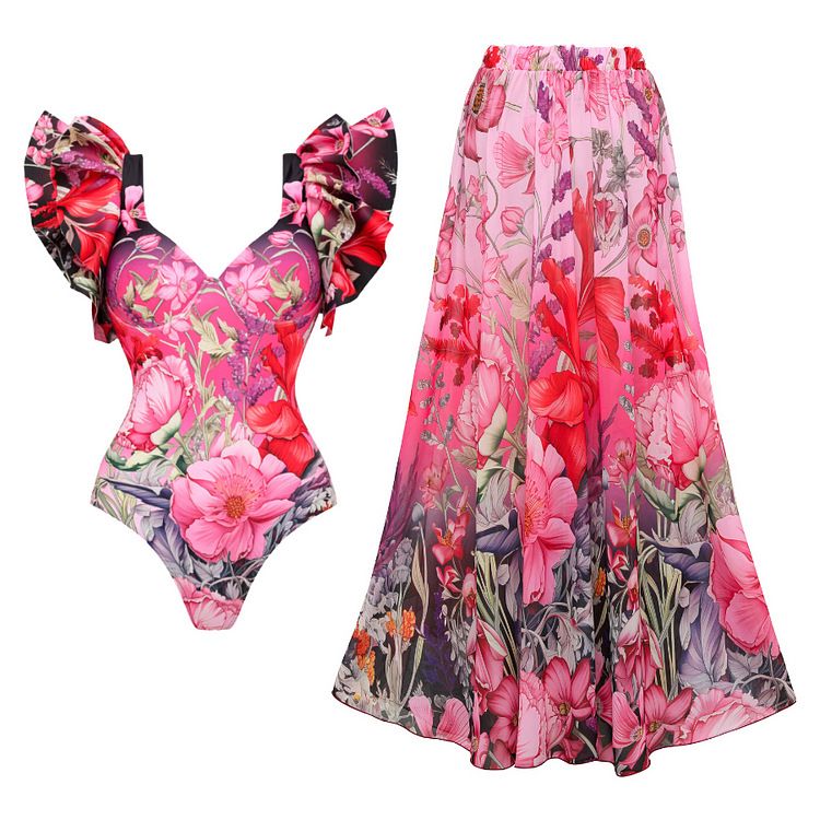 Maillot de bain une pièce à bretelles, imprimé tendance, couleur contrastée, trois pièces, style jupe, chemisier_voghion.com