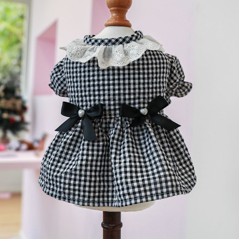 Pet Circle Dog Clothing Cat Clothes Bowknot Lace Collar Edge Black And White Plaid Princess Heart Pearl Dress_voghion.com