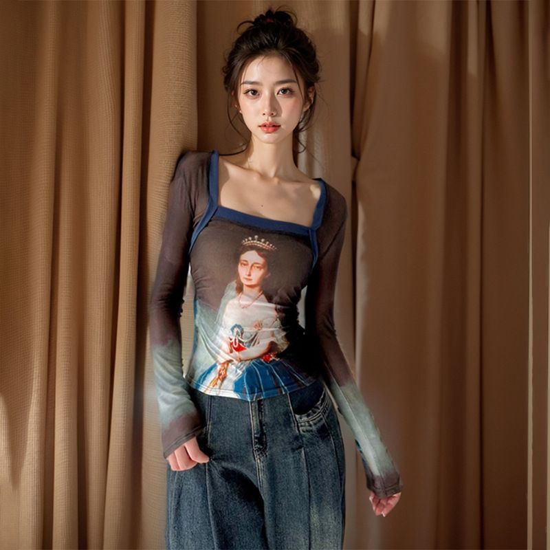 Q23TP777 American oil painting mesh print long sleeved square neckline top for women's slim fit and slimming new style_voghion.com