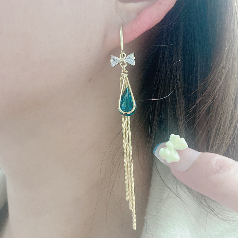 Women's Earrings Blue drop earrings Temperament personality All-in-one face Slimming earrings Crystal fringe earrings_voghion.com