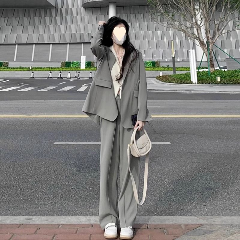 Veste blazer grise pour femme, ensemble deux pièces printemps-automne, tailleur ample et décontracté._voghion.com