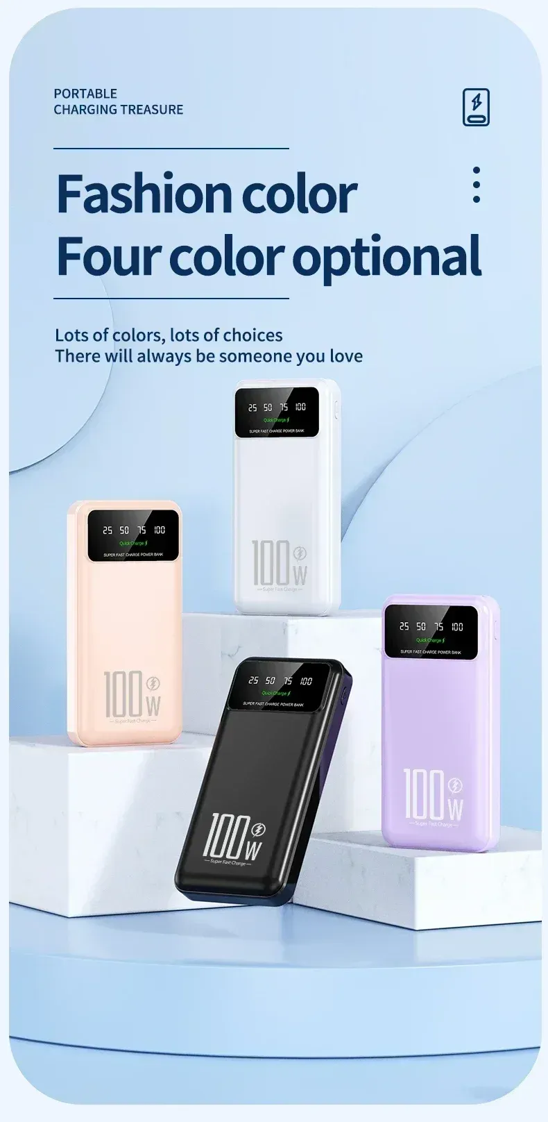 50000 MAh PowerBank, High Capacity, 100 W, Fast Charging, Portable Charger, Emergency Battery Supply, Powerbank For_voghion.com