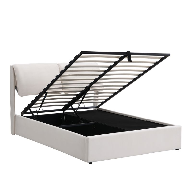 Lit coffre hydraulique 140 x 200 cm, 3 tiroirs, cadre de lit capitonné en velours beige avec sommier à lattes et tête de lit, matelas non inclus._voghion.com