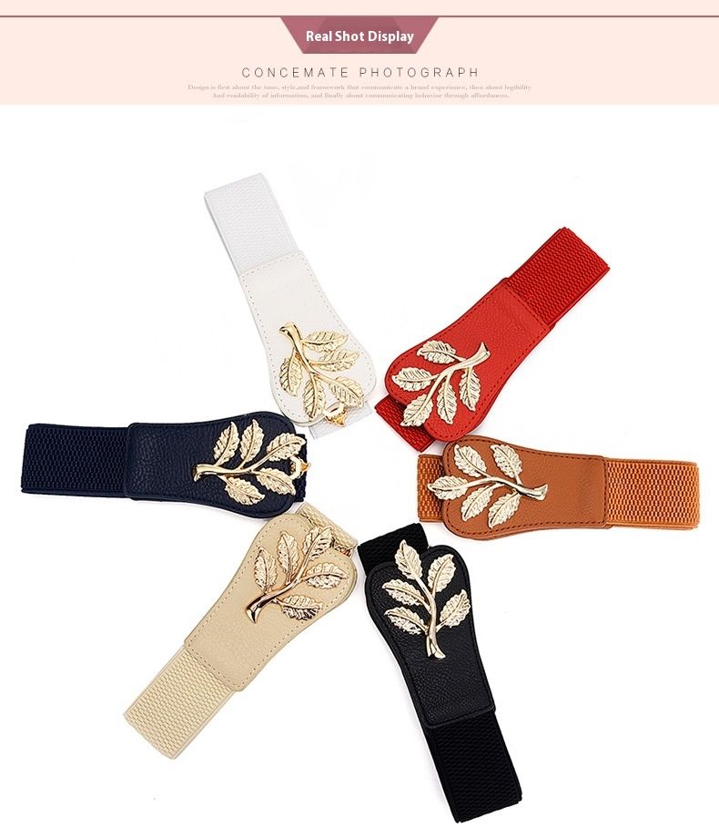 Nouvelle mode femme polyvalente large feuille d'or décoration doudoune jupe ceinture élastique taille couverture_voghion.com