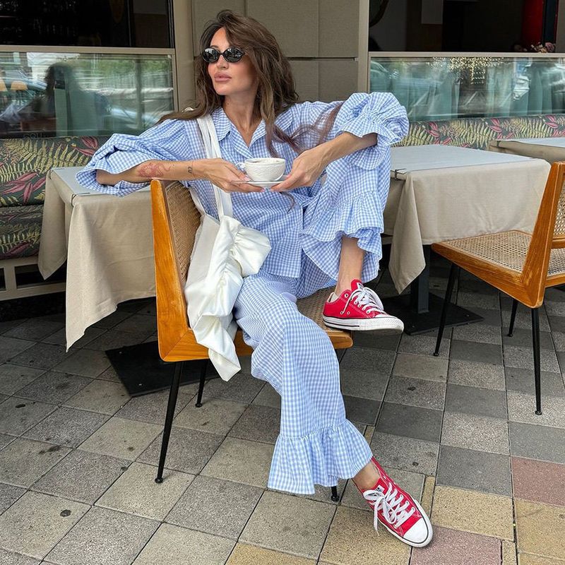 Blue Pajamas Sleeve Long Pants Set Plaid Outerwear Homewear Checkered Pamas_voghion.com