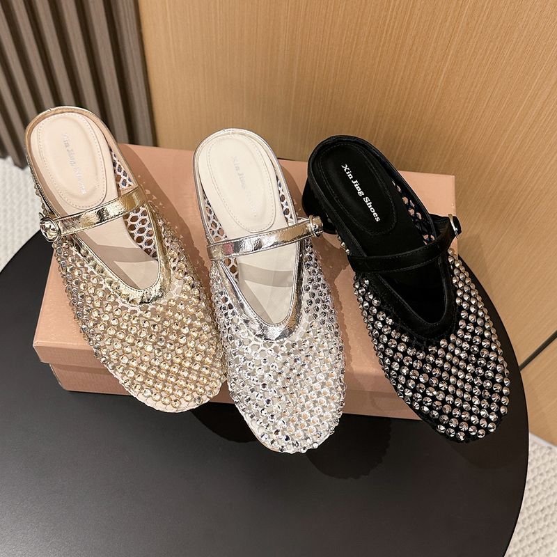 8989-1 Rhinestone Mesh Chunky Single Spring Summer Hollow Strap Fashion Party Mid Heel Outdoor Women's Shoes_voghion.com