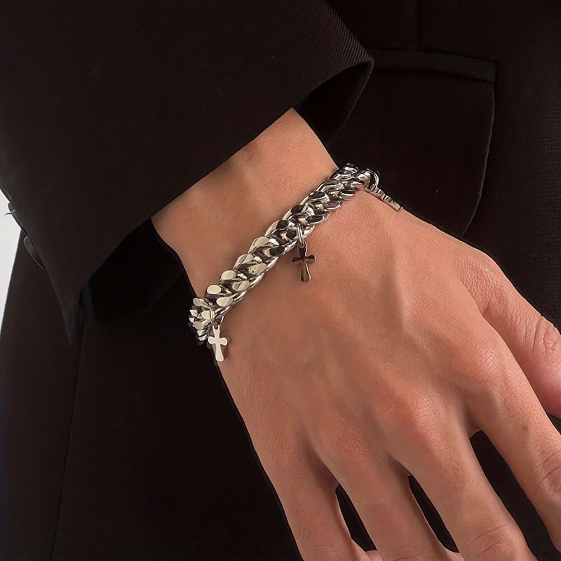 Herren Modisches Temperament Einfaches Armband Vielseitiger Stil Titanstahl Kreuzanhänger Trendy Hip Hop Cool Korean_voghion.com